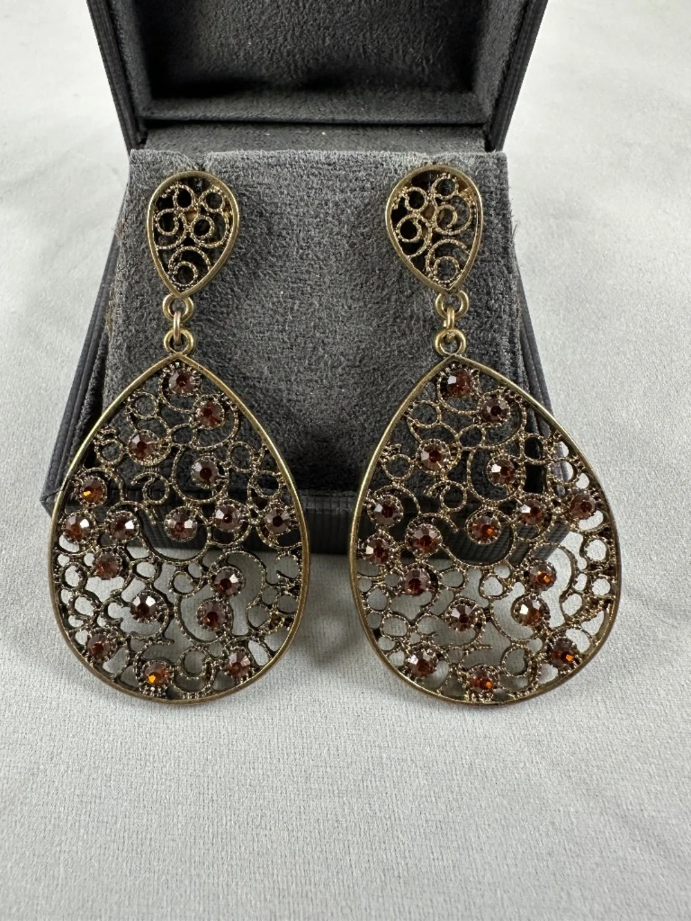 Lia Sophia Antique Brass Amber Crystal Filigree Teardrop Earrings – NYFW Suite